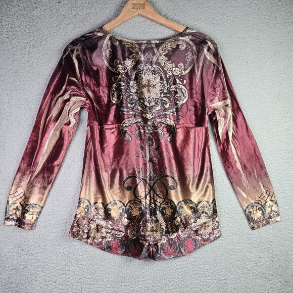 Style & Co Velvet Boho Tunic Flare Sleeve Baroque Festival Burgundy Y2K Peasant - Picture 11 of 12